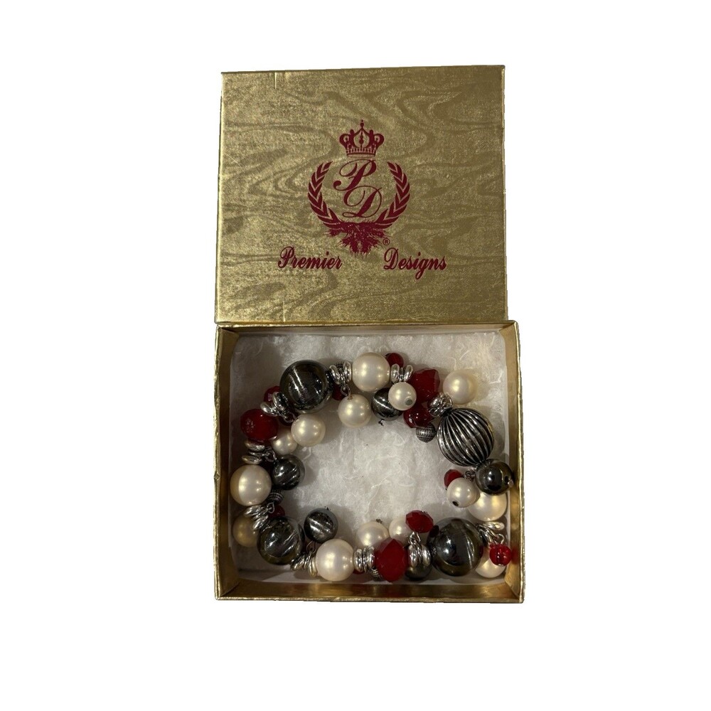 Premier Designs Vintage Margo Silver & Red Beads with Pearls Stretch Bracelet